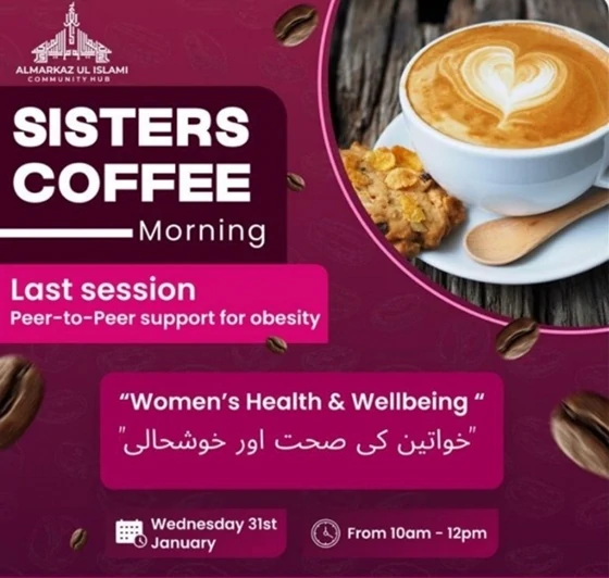 Promotional flyer for a women’s coffee morning event focused on obesity support and women’s health, scheduled for Wednesday, January 31st from 10 am to 12 pm, with an image of coffee and a cookie. Promotional flyer for a women’s coffee morning event focused on obesity support and women’s health, scheduled for Wednesday, January 31st from 10 am to 12 pm, with an image of coffee and a cookie.