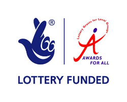 Lottery Funded logo with a blue stylized hand and "Awards For All" red logo, separated by a vertical line, and the text "LOTTERY FUNDED" below. Lottery Funded logo with a blue stylized hand and "Awards For All" red logo, separated by a vertical line, and the text "LOTTERY FUNDED" below.