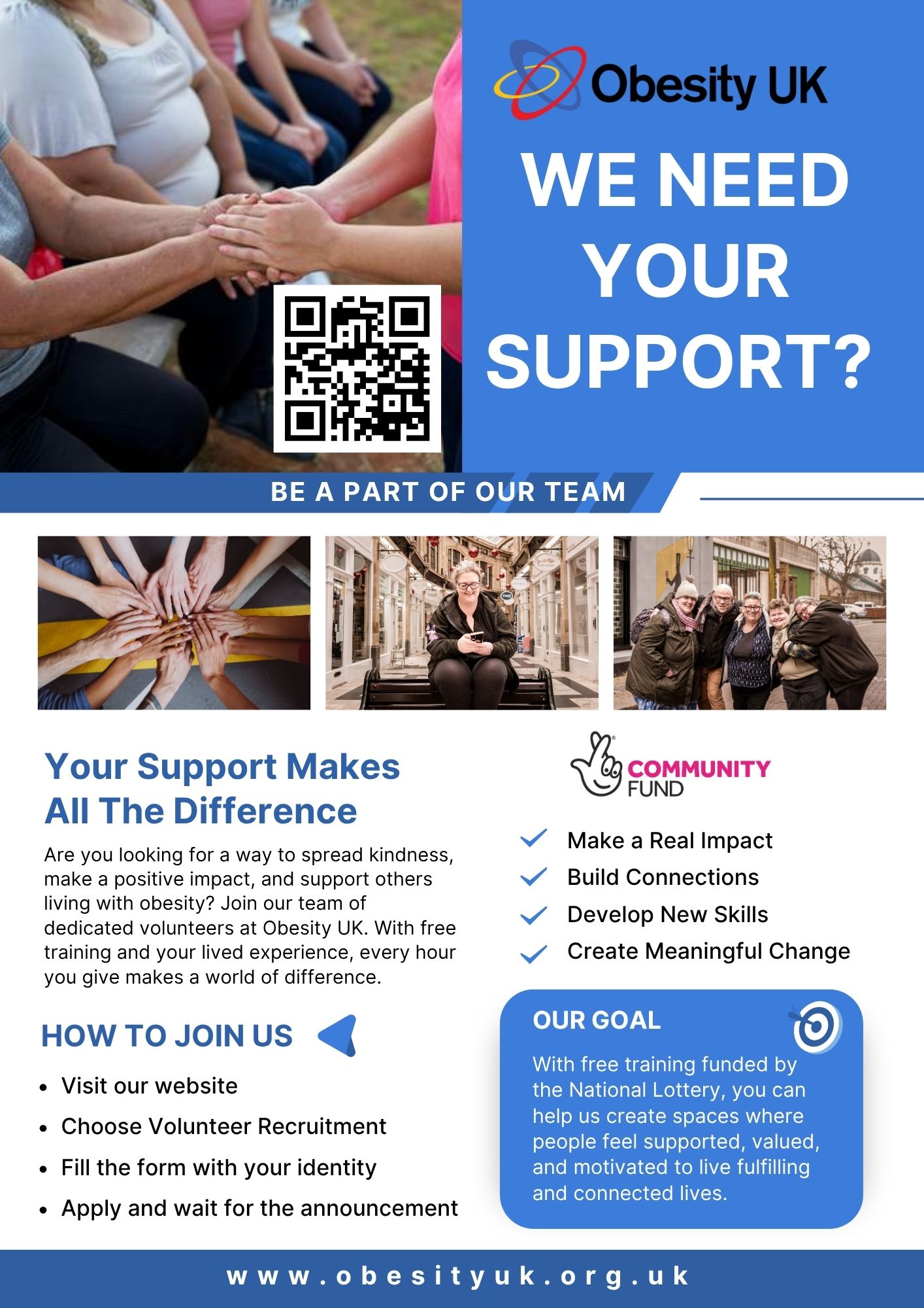 Flyer for Obesity UK seeking volunteers, featuring a QR code, contact info, key benefits of volunteering, and instructions on how to join, with images of smiling people helping others.