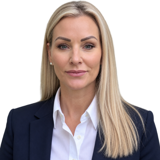 Woman with long blonde hair wearing a dark blazer and white collared shirt, looking at the camera with a neutral expression against a white background.