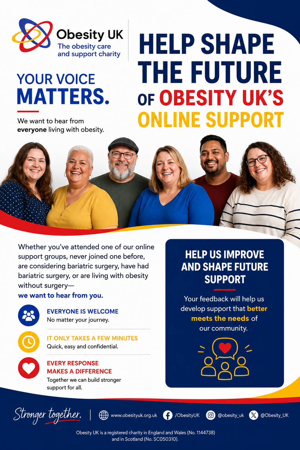 A diverse group of adults stand smiling in a row above text encouraging input on Obesity UK’s online support, with bold headings and speech bubble graphics.
