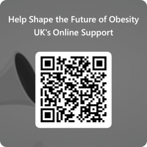 A QR code centred on a grey background with the text “Help Shape the Future of Obesity UK’s Online Support” above it.