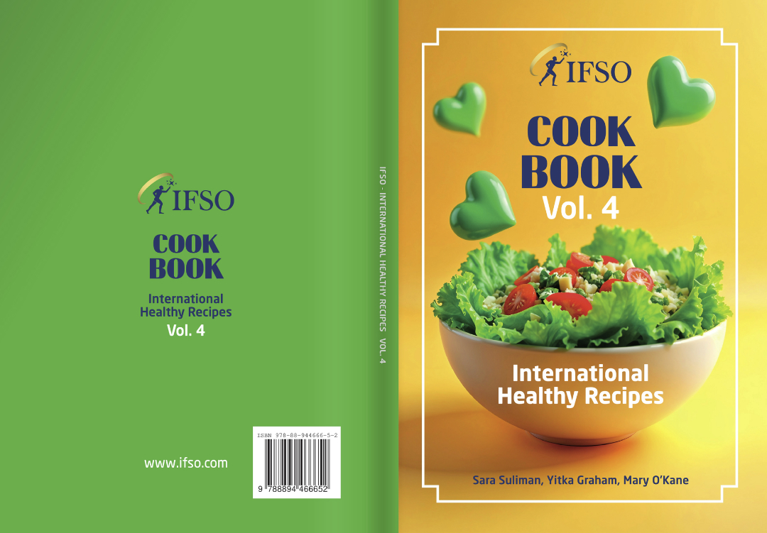 The cover of “IFSO Cook Book Vol. 4: International Healthy Recipes” shows a salad in a white bowl with green heart-shaped decorations and the names of the editors at the bottom.