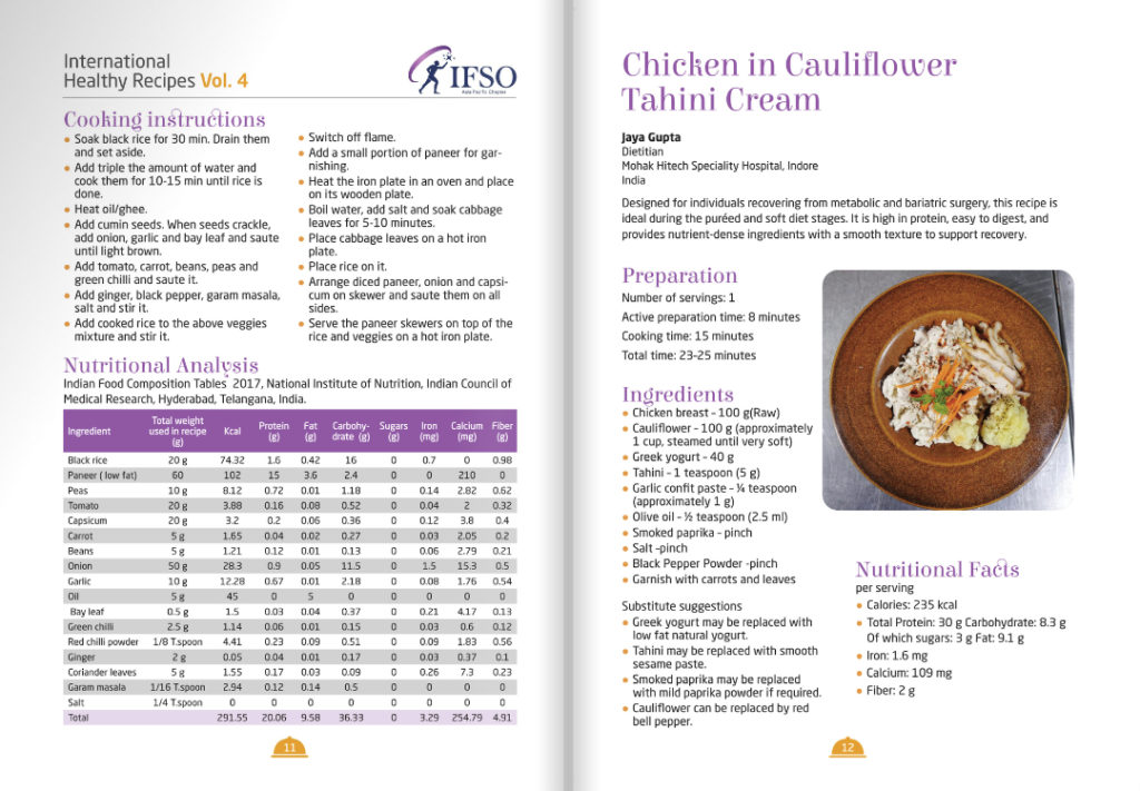Two cookery book pages show a chicken and cauliflower recipe with tahini cream, cooking instructions, nutritional information, and a photo of the plated dish on a white plate with garnish.